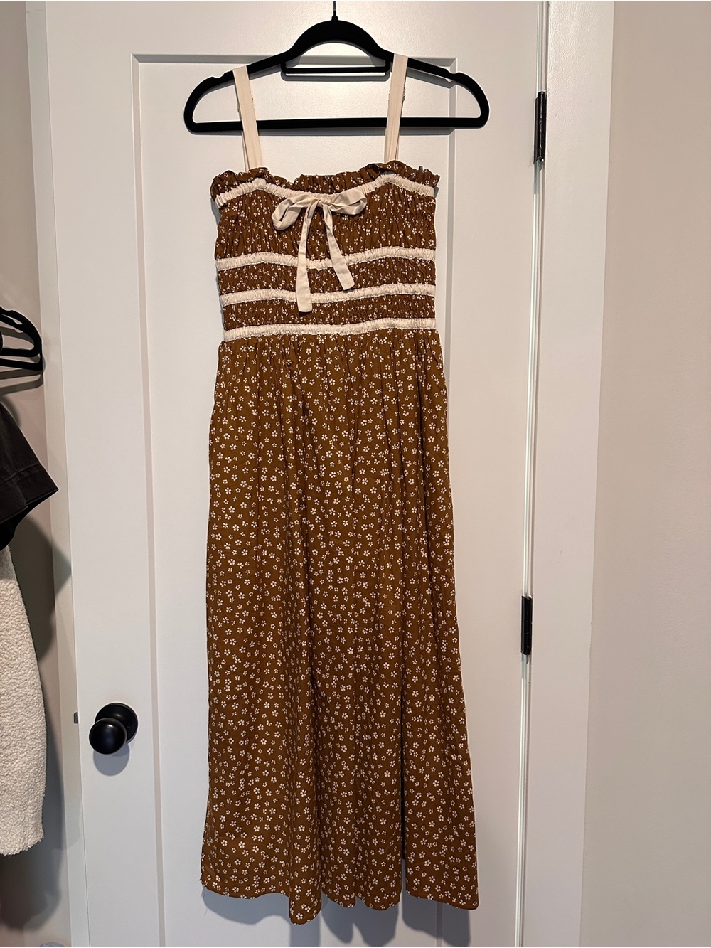 Brown Floral Smocked Midi Dress with Cream Trim
